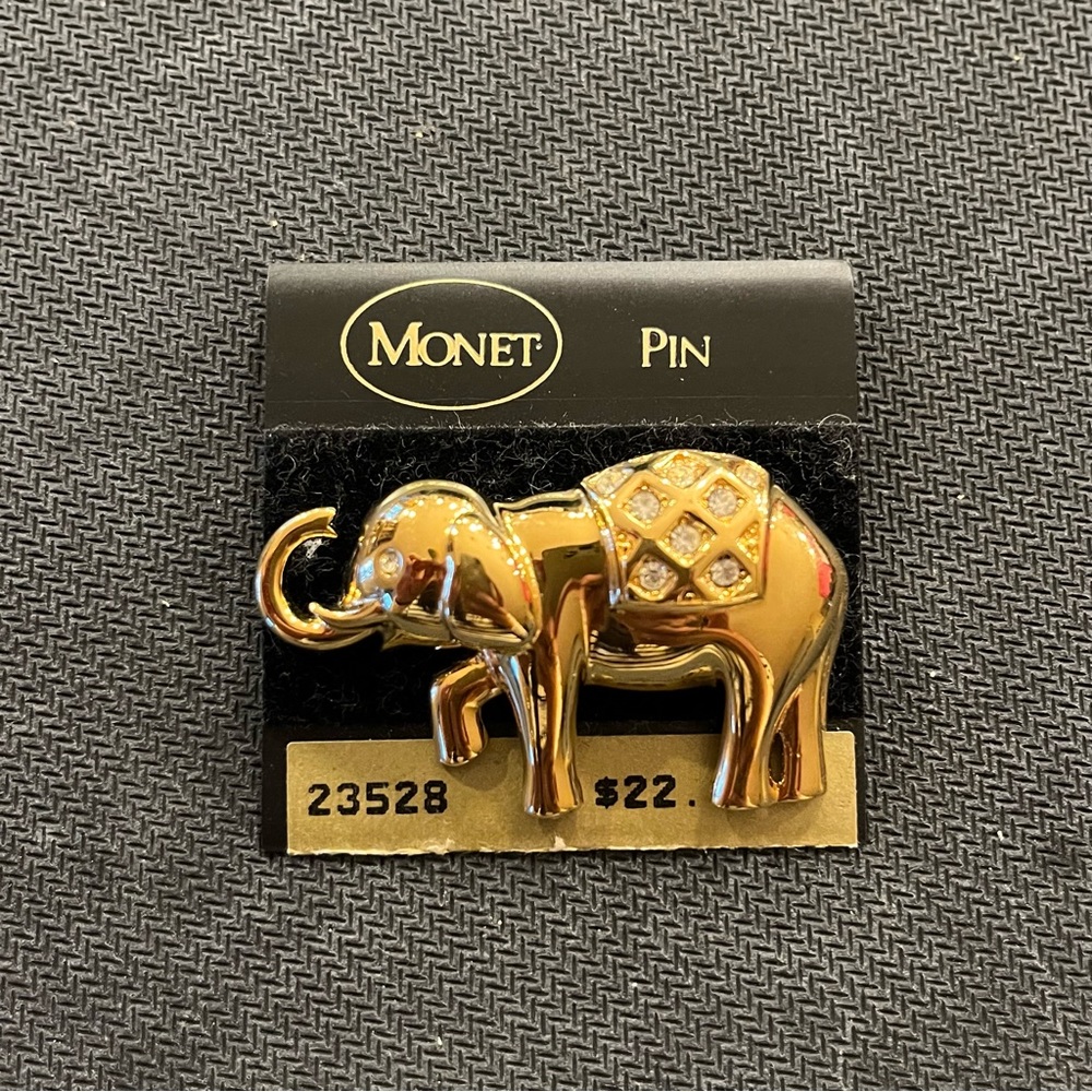 Vintage Monet Gold Tone and Rhinestone CZ Elephant Pin Brooch
